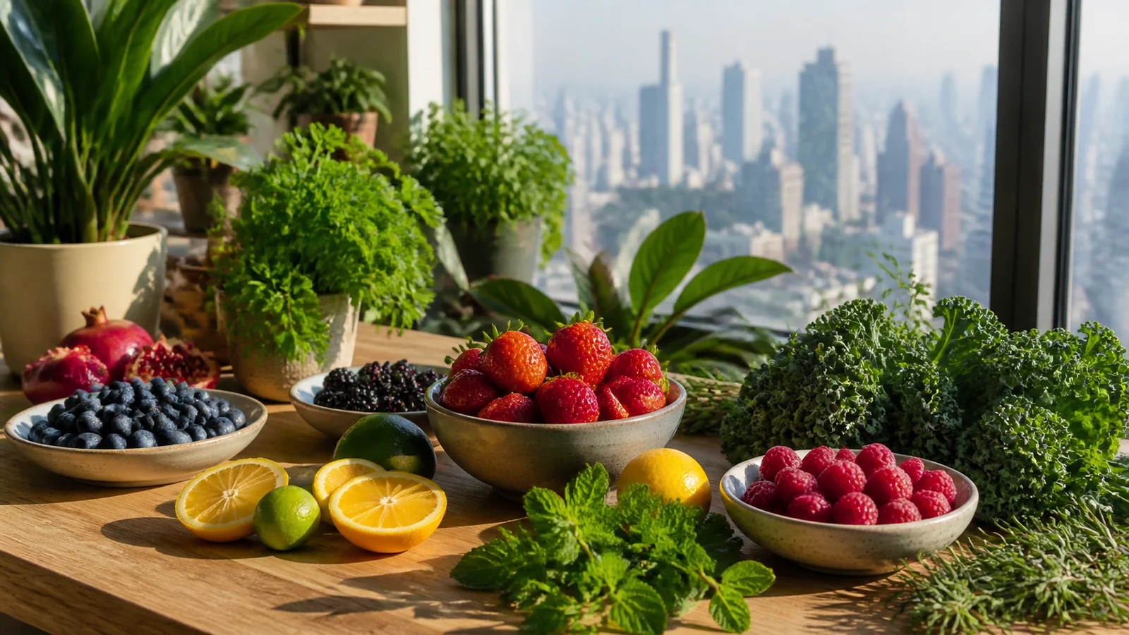 Vegetables, fruit and antioxidant-rich foods beside a modern urban environment