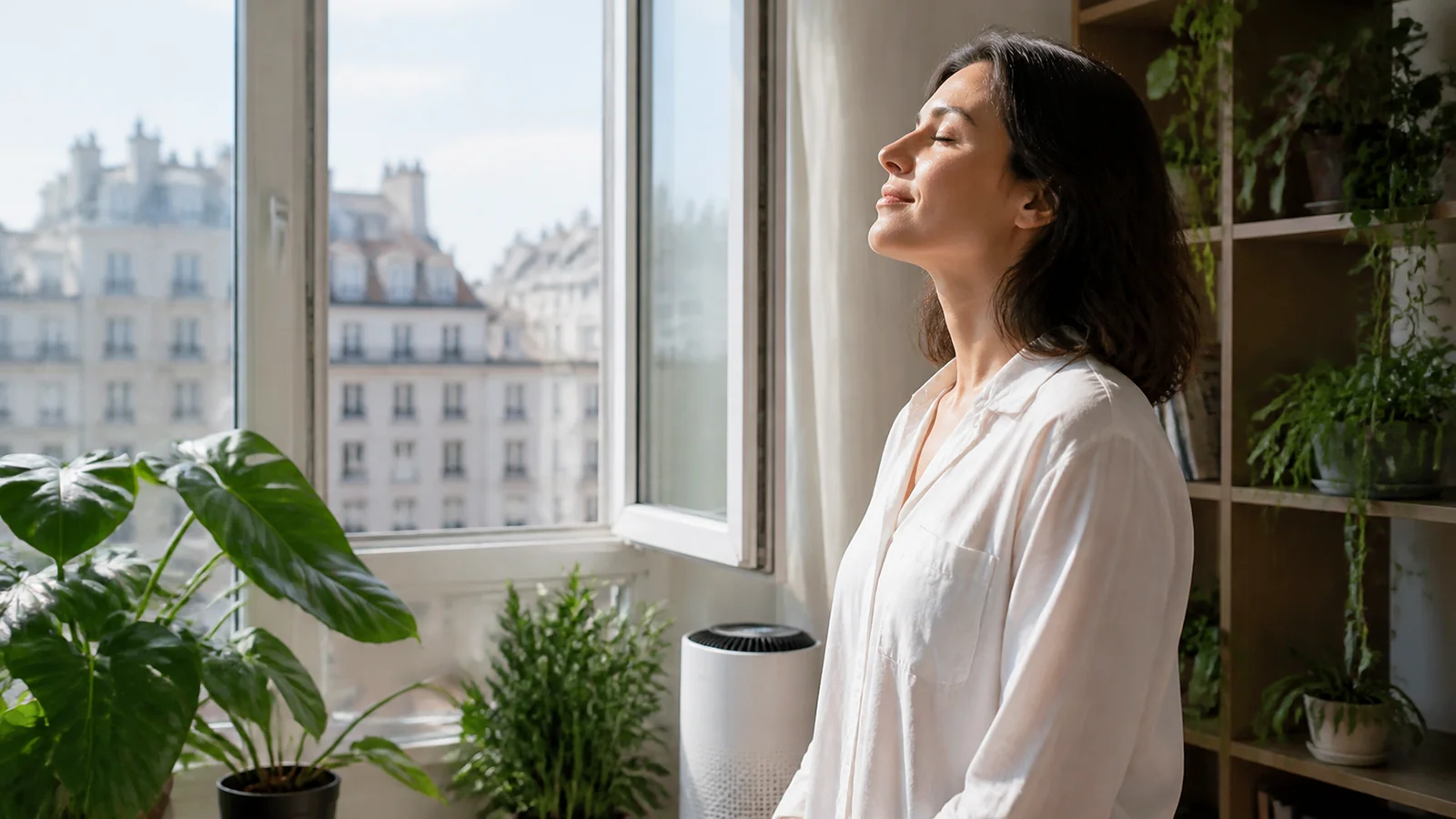 Woman breathing beside an open window in a clean, ventilated room