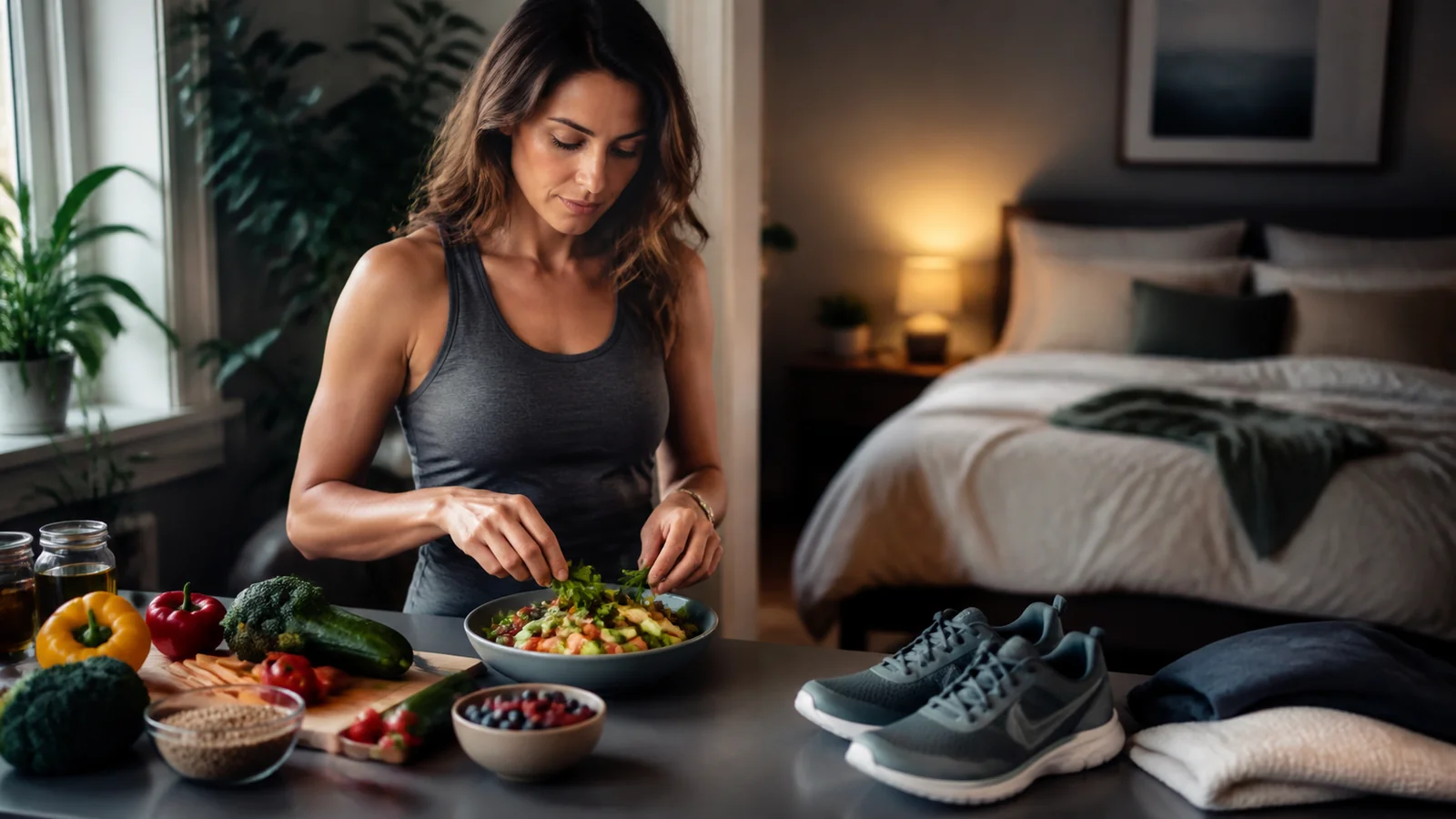 Colourful whole-food meal, walking shoes and a calm bedroom