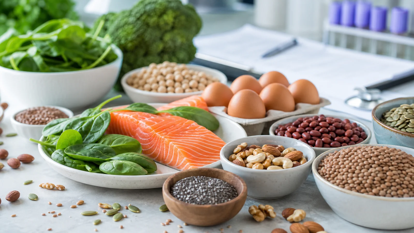 Nutrient-dense foods beside a laboratory test form