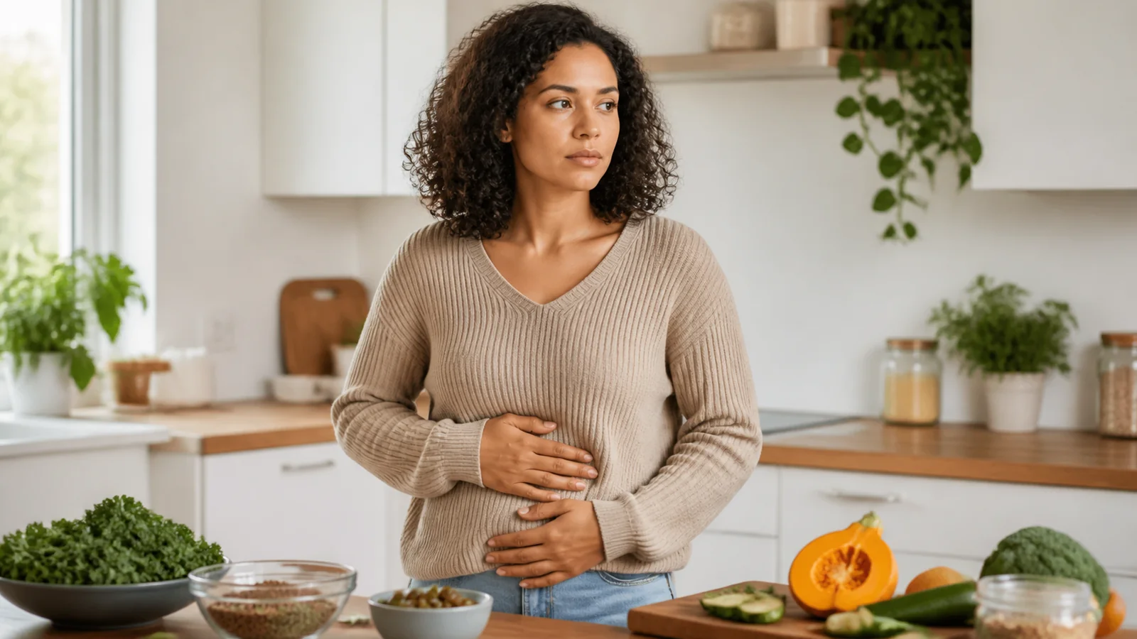 Woman in a kitchen gently holding her abdomen