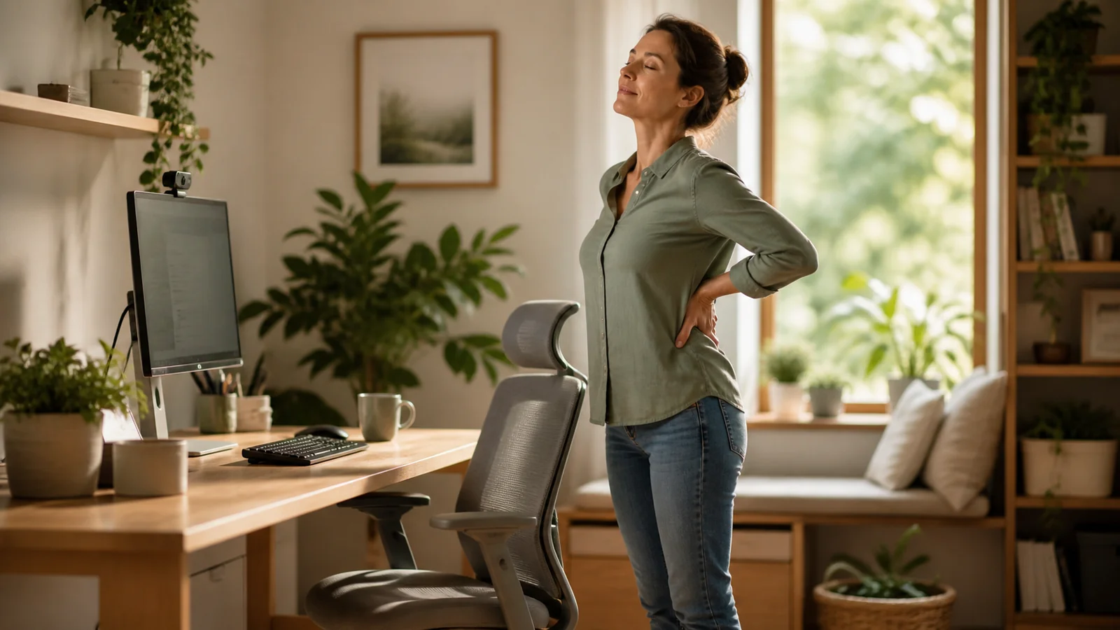 Home workstation and a woman taking a movement break