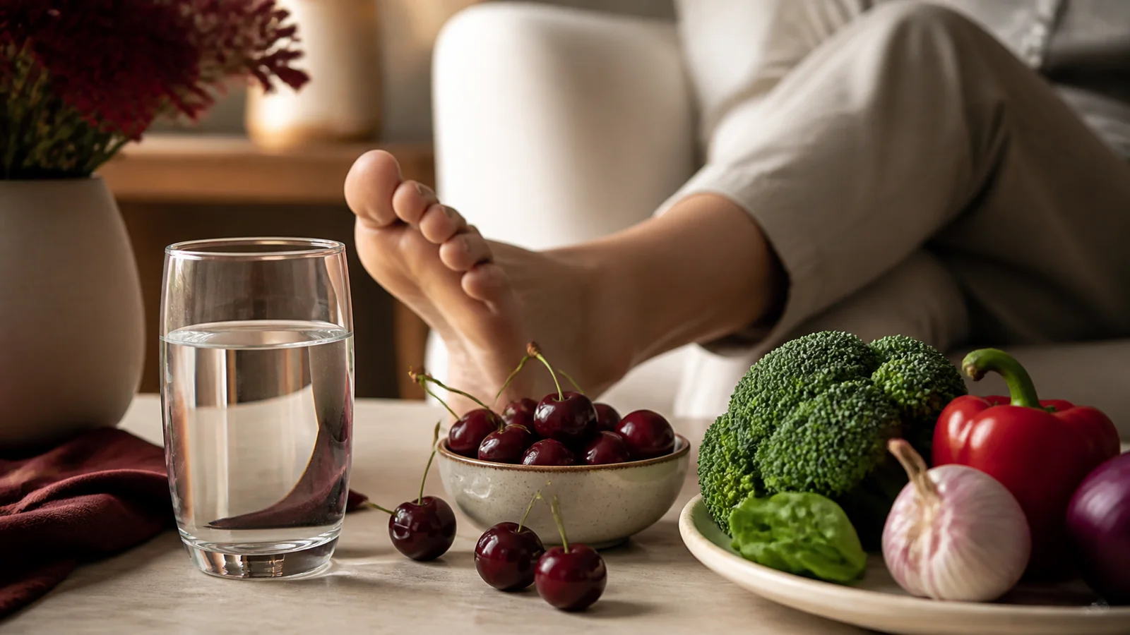 Glass of water, cherries and vegetables beside a resting foot