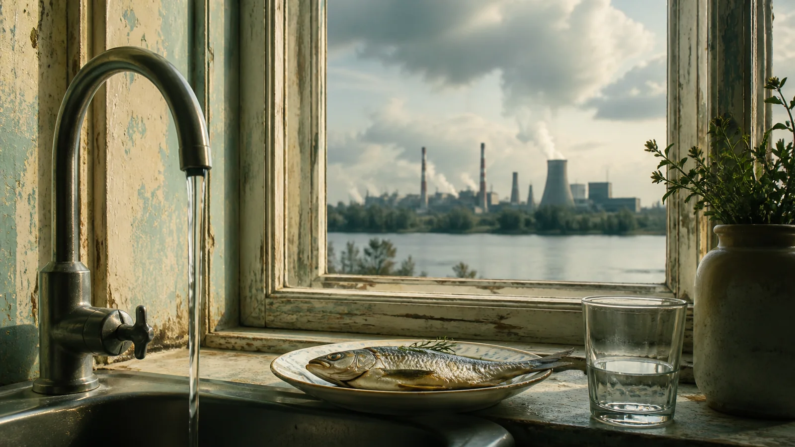Water tap, fish and an old window facing an industrial area
