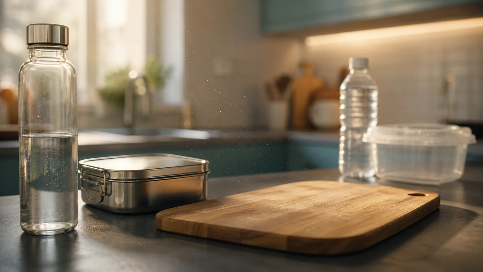 Glass bottle and stainless steel container in a kitchen with plastic containers in the background