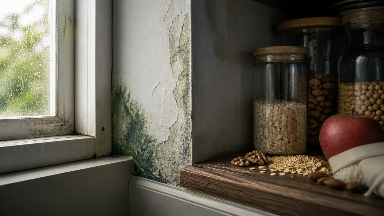 A damp moldy wall beside grains, nuts and an apple in a kitchen