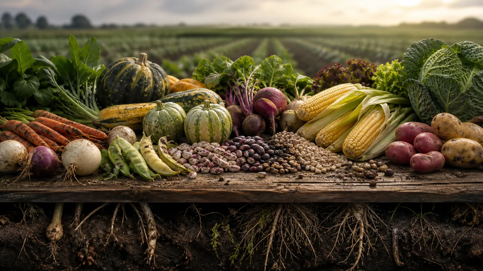 A varied harvest of vegetables, legumes and roots above living soil