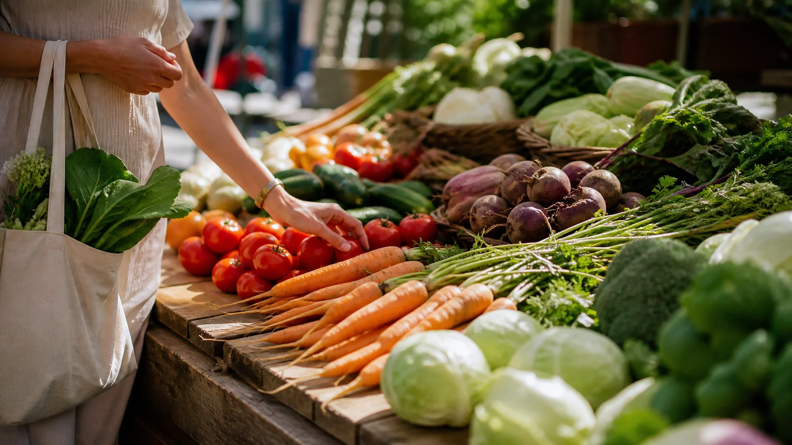Shopper choosing fresh vegetables at a farmers market