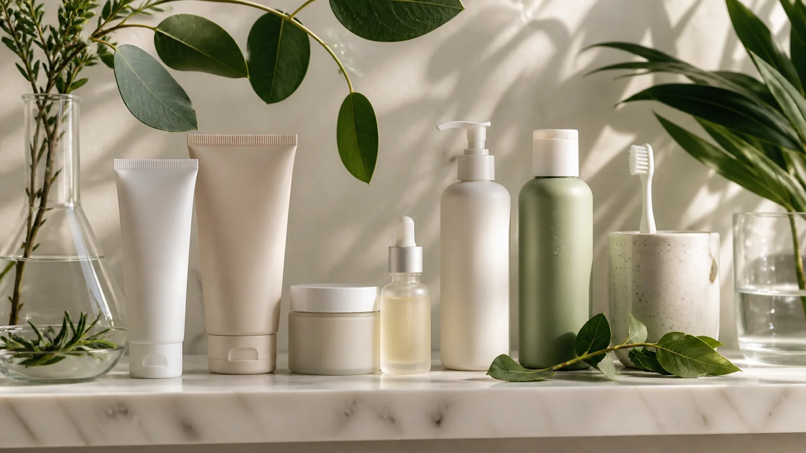 Unbranded personal care and hygiene products on a clean shelf