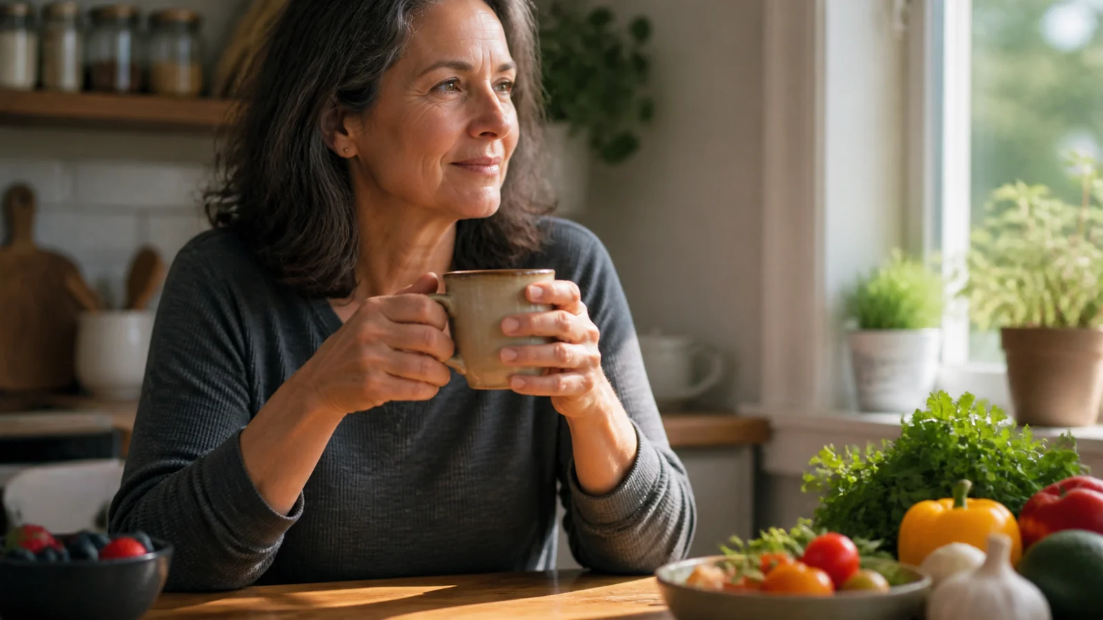 Woman holding a mug with both hands beside a table of vegetables