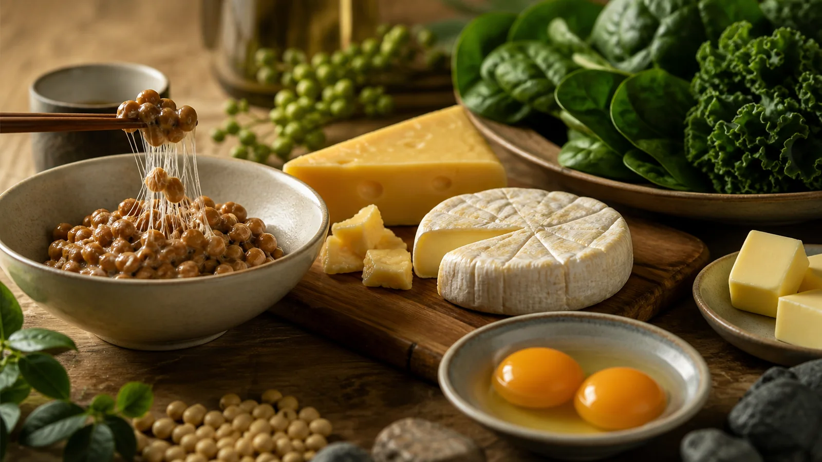 Natto, fermented cheeses, egg yolks, butter and leafy greens